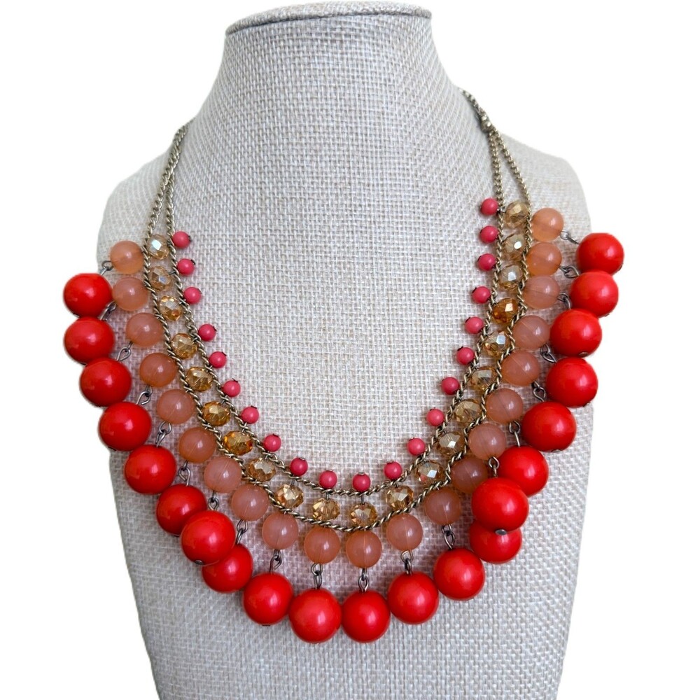 Chunky Coral Red Pink Beaded Statement Bib Necklace Waterfall Fringe Crystal De